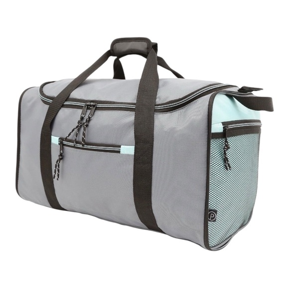 Protege Duffle Bag Collapsible Sports Gym Travel Gray Teal Polyester Carry On - Picture 1 of 11